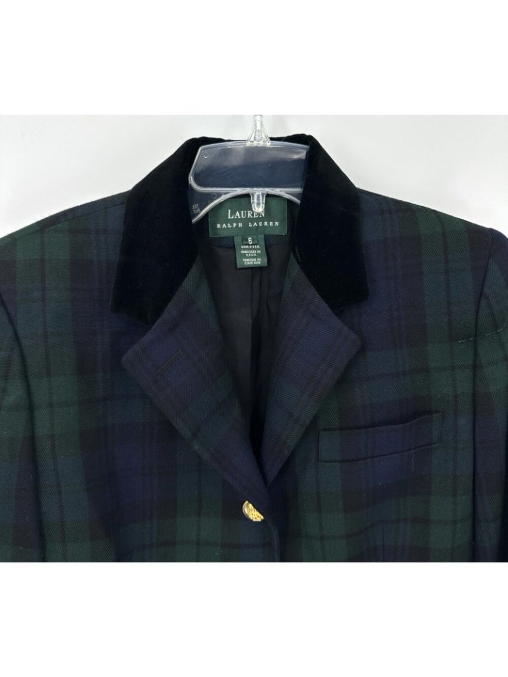 LAUREN RALPH LAUREN jacket blazer black watch plaid 6 wool velvet gold buttons - Picture 3 of 10